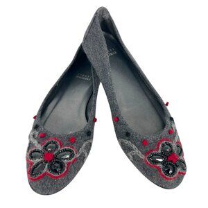 Stuart Weitzman Floral Beaded Gray Wool Embellished Ballet Flats Size 7.5